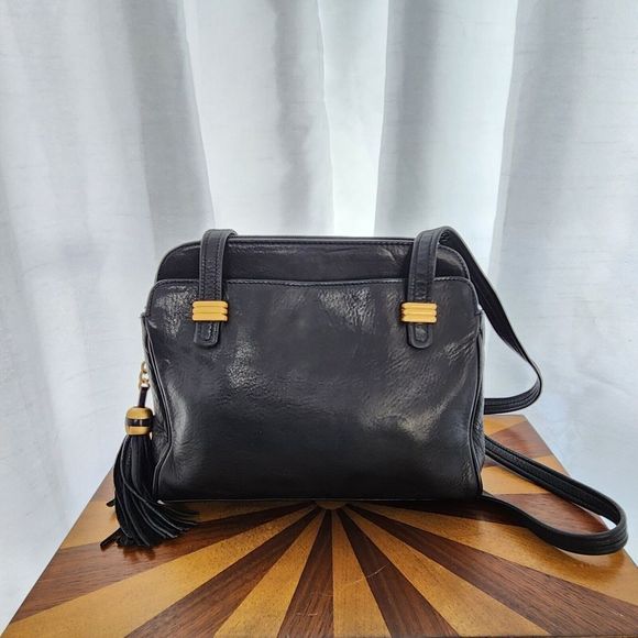 Tignanello Handbags - Vintage Tignanello Black Leather Purse Tassle Shoulder Strap Gold Hardware